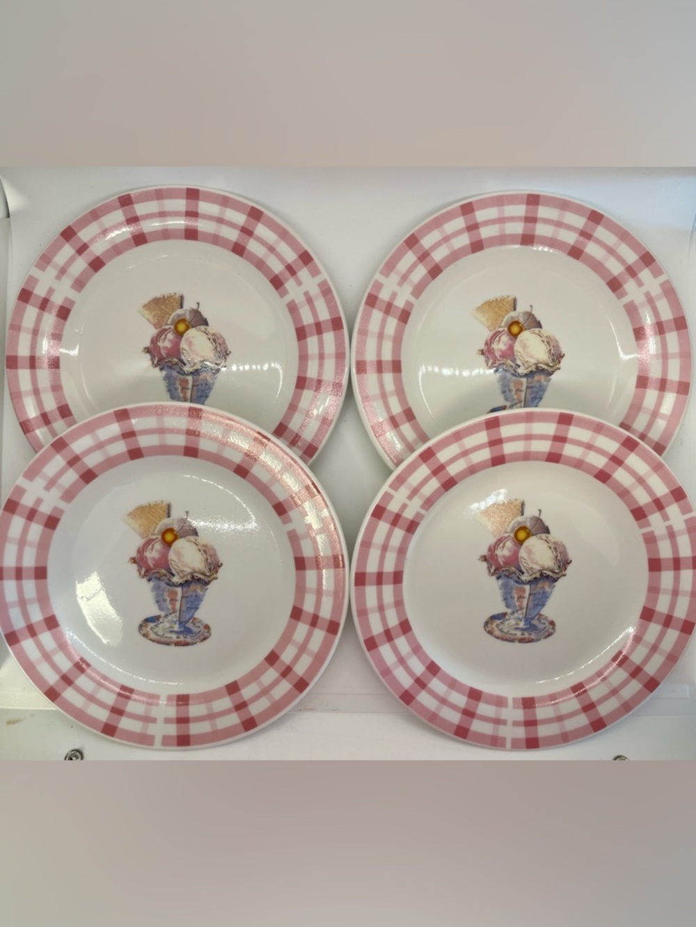 🌺 Century Pink Gingham Ceramic Dessert Plates - Set of 4